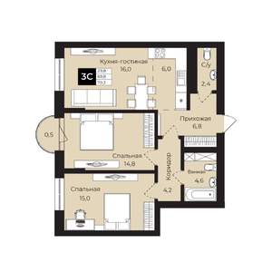 2-к квартира, вторичка, 70м2, 16/25 этаж