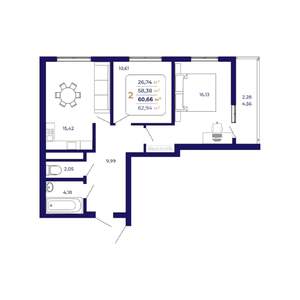 2-к квартира, строящийся дом, 61м2, 17/25 этаж
