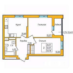 2-к квартира, строящийся дом, 54м2, 22/27 этаж