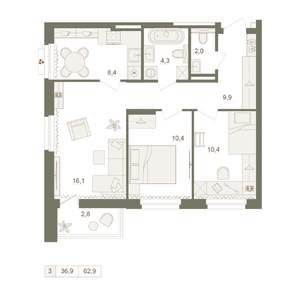 3-к квартира, вторичка, 63м2, 7/25 этаж