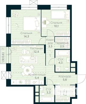 2-к квартира, вторичка, 66м2, 6/10 этаж