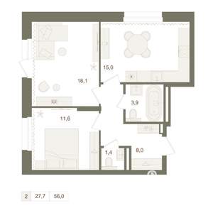 2-к квартира, вторичка, 56м2, 1/10 этаж