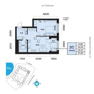 2-к квартира, вторичка, 46м2, 7/32 этаж