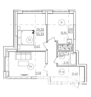 2-к квартира, строящийся дом, 55м2, 21/28 этаж