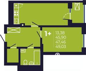 1-к квартира, строящийся дом, 48м2, 8/25 этаж