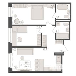 2-к квартира, вторичка, 64м2, 2/5 этаж