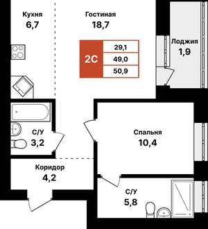 2-к квартира, вторичка, 51м2, 7/8 этаж