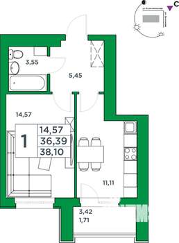 1-к квартира, вторичка, 36м2, 22/24 этаж