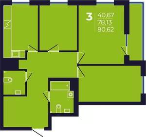3-к квартира, строящийся дом, 81м2, 7/25 этаж