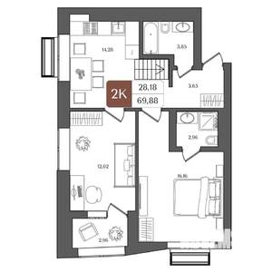 2-к квартира, строящийся дом, 70м2, 12/21 этаж