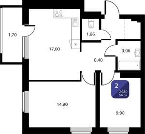 2-к квартира, вторичка, 57м2, 16/25 этаж