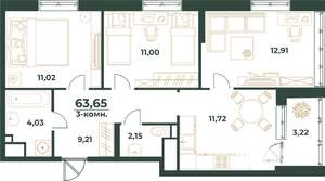 3-к квартира, строящийся дом, 64м2, 21/24 этаж