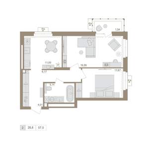 2-к квартира, вторичка, 57м2, 9/25 этаж