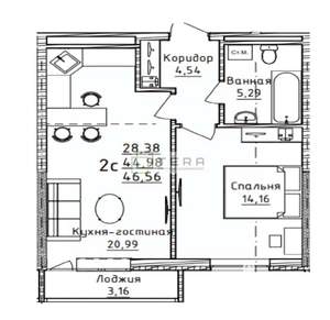 2-к квартира, сданный дом, 46м2, 22/26 этаж