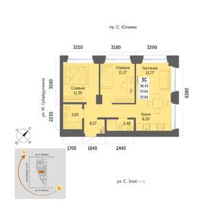 3-к квартира, вторичка, 57м2, 12/32 этаж