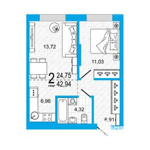 1-к квартира, вторичка, 43м2, 19/26 этаж