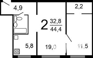 2-к квартира, вторичка, 45м2, 4/9 этаж