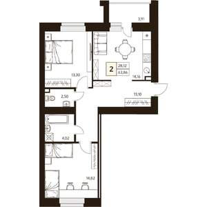 2-к квартира, строящийся дом, 64м2, 3/10 этаж