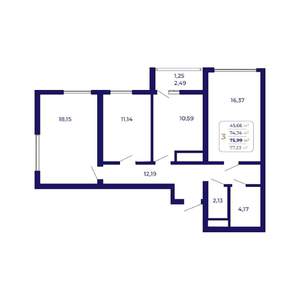 3-к квартира, вторичка, 76м2, 2/25 этаж