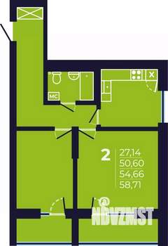 2-к квартира, строящийся дом, 55м2, 9/25 этаж