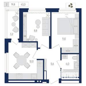 2-к квартира, вторичка, 43м2, 20/25 этаж