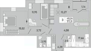 3-к квартира, строящийся дом, 77м2, 7/24 этаж
