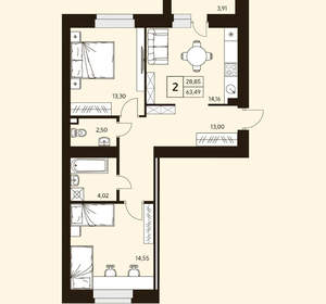 2-к квартира, вторичка, 63м2, 9/10 этаж