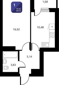 1-к квартира, вторичка, 38м2, 15/25 этаж