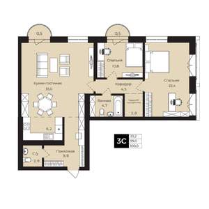 2-к квартира, вторичка, 100м2, 6/25 этаж