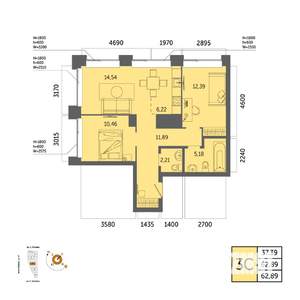 3-к квартира, вторичка, 63м2, 21/32 этаж