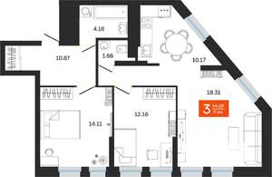 3-к квартира, вторичка, 71м2, 2/25 этаж