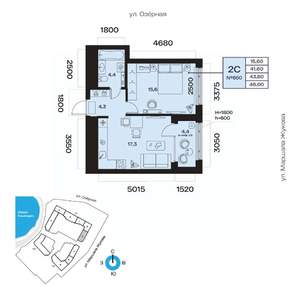 2-к квартира, вторичка, 44м2, 13/32 этаж