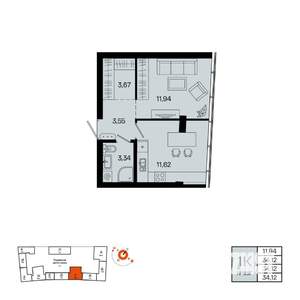1-к квартира, вторичка, 34м2, 12/31 этаж