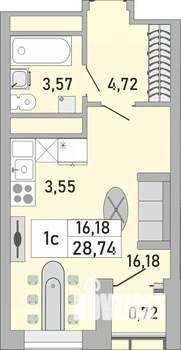 1-к квартира, строящийся дом, 29м2, 22/24 этаж