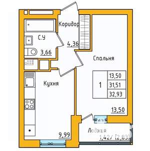 1-к квартира, строящийся дом, 33м2, 22/27 этаж