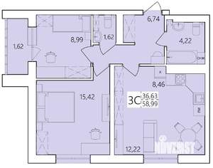 3-к квартира, строящийся дом, 59м2, 22/25 этаж