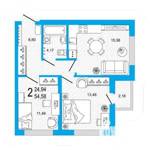 2-к квартира, вторичка, 55м2, 3/26 этаж