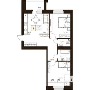 2-к квартира, вторичка, 64м2, 9/10 этаж