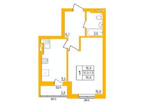 1-к квартира, строящийся дом, 36м2, 19/27 этаж