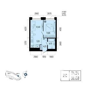 2-к квартира, вторичка, 38м2, 23/25 этаж