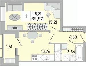 1-к квартира, строящийся дом, 36м2, 19/24 этаж