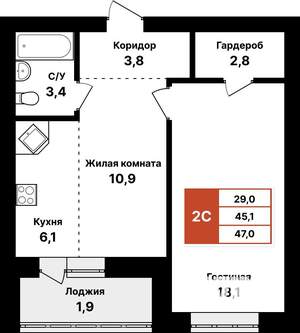2-к квартира, вторичка, 47м2, 7/8 этаж