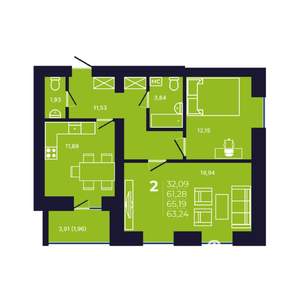 2-к квартира, вторичка, 63м2, 9/12 этаж