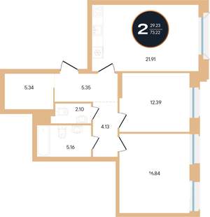 2-к квартира, вторичка, 73м2, 3/15 этаж