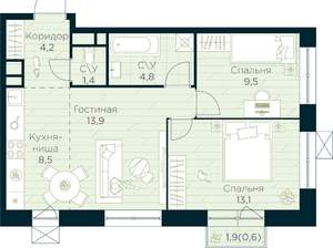 2-к квартира, строящийся дом, 56м2, 7/10 этаж
