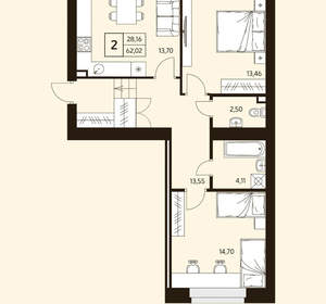 2-к квартира, вторичка, 62м2, 1/10 этаж