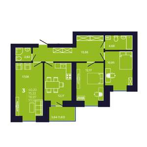 3-к квартира, строящийся дом, 77м2, 8/12 этаж