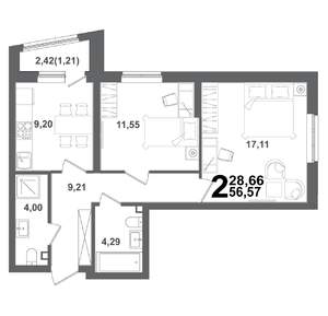 2-к квартира, вторичка, 57м2, 2/21 этаж