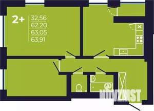 2-к квартира, строящийся дом, 63м2, 20/25 этаж
