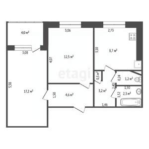 2-к квартира, вторичка, 52м2, 7/12 этаж